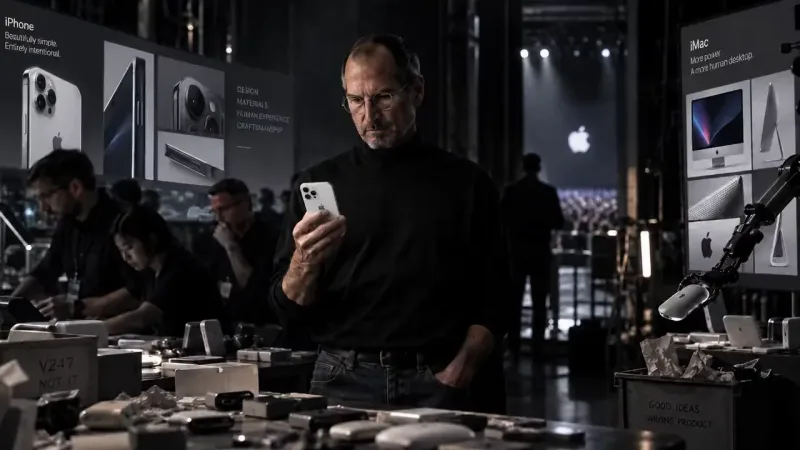 A gray-haired man in a black turtleneck studies a smartphone at a workbench of disassembled devices between iPhone and iMac panels, near a crate marked GOOD IDEAS WRONG PRODUCT.
