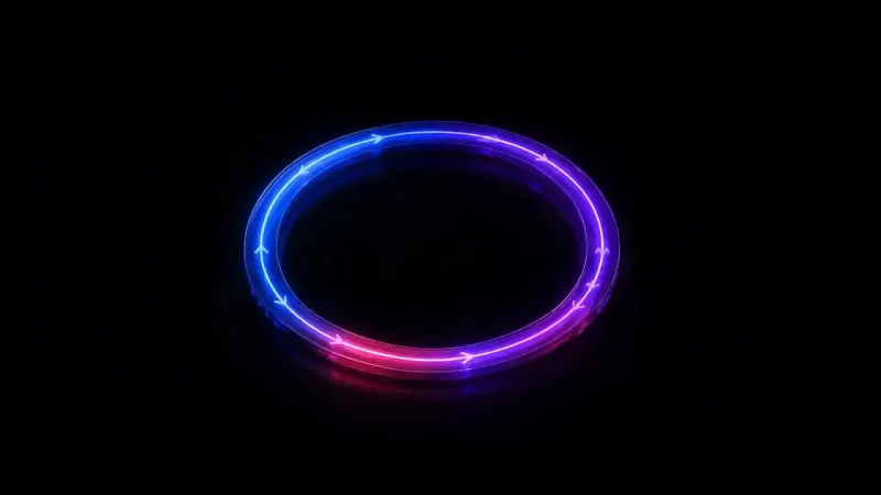 A glowing neon ring floats in an otherwise empty black frame, its band shading from blue through purple into pink, with small arrowheads spaced along it pointing the same way around the loop.