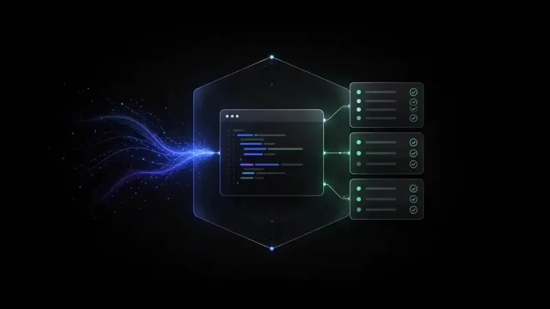 A stream of blue particles converges into a dark code editor window inside a hexagon outline, with green lines branching right to three cards of checklist rows ticked by green check marks.