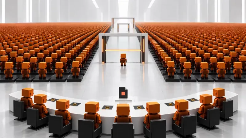 A curved white bench of seated orange robots faces a vast white hall where thousands of identical orange figures stand in rows before a glowing amber archway.