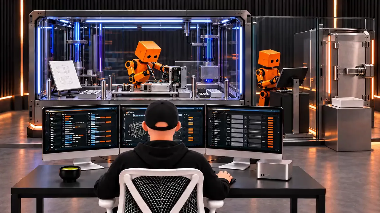 A person in a black cap works at three monitors facing a glass workbench where an orange boxy robot solders a part beside a second robot and a vault door.
