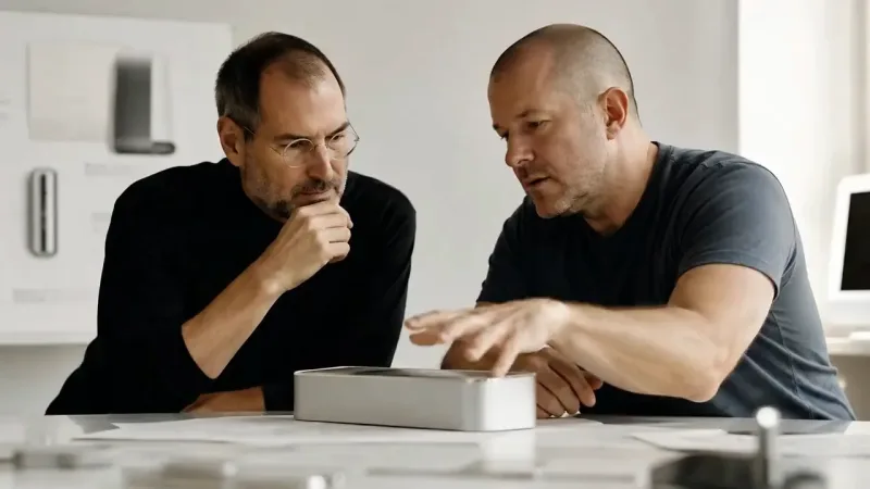 Two men lean over a white marble counter examining a silver rectangular prototype device.