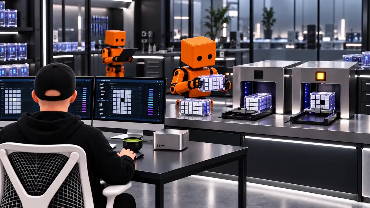 A person in a black cap works at monitors of square grids as an orange boxy robot lifts a clear lattice cube beside two silver machines, one glowing orange.