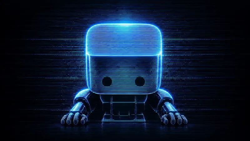 A glowing blue wireframe robot with a boxy head and two dark dot eyes peers up over the bottom edge, fingers gripping the frame, against black scan lines.