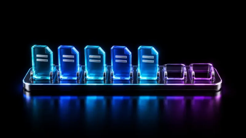 Five glowing blue glass document cards stand in a chrome weekly tray beside two empty violet slots, with neon reflections across a black reflective floor.