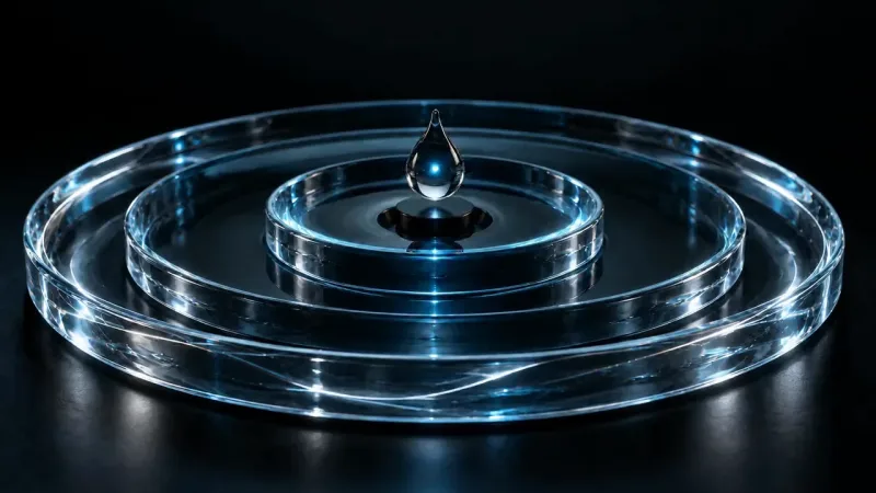 A single clear droplet hovers above three concentric glass rings lit in cold blue on a black surface.