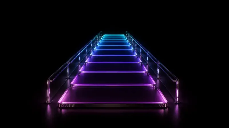 A staircase of glowing glass steps ascends from purple to cyan, framed by glass handrails on a black reflective floor.