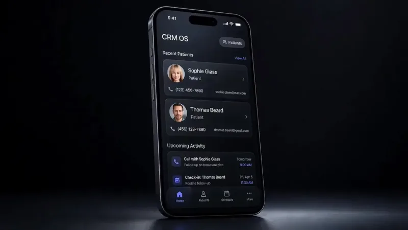 A dark phone screen titled CRM OS listing two recent patients with contact details and two upcoming activities, above a four-item tab bar.