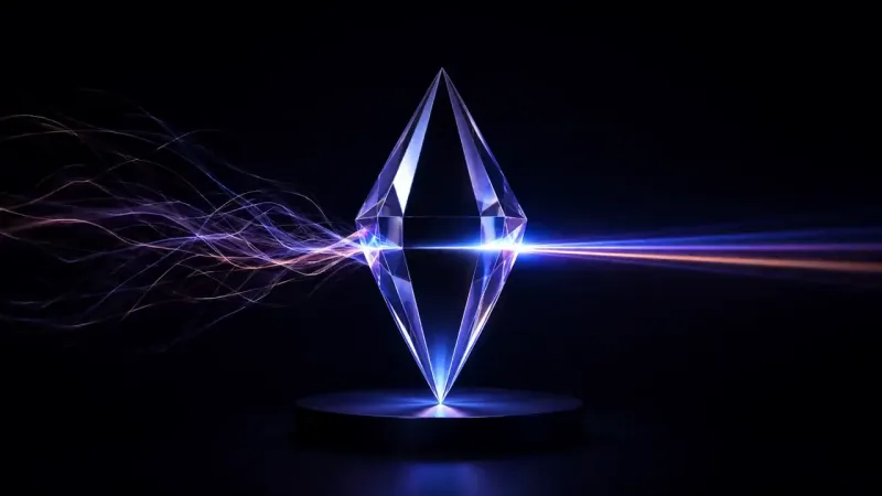 A clear crystal double pyramid stands on a dark round platform, splitting light into wispy orange and violet strands on the left and a sharp blue and amber beam on the right.