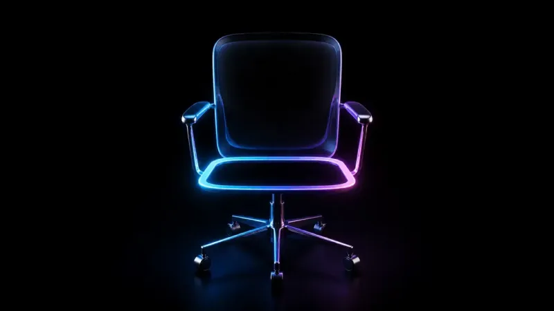 An empty black office chair on wheels outlined in glowing blue and purple neon light against a black background.