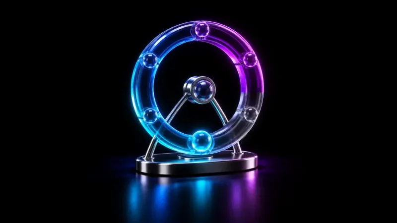 A glass flywheel ring shifts from blue to violet with six small spheres around its rim, and one bright cyan sphere at the bottom on a chrome stand.