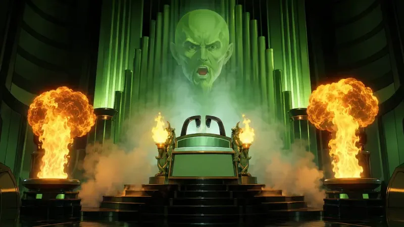 A giant green face with a shouting open mouth hovers over an empty green and gold throne in a pillared hall, two towering fireballs burning on pedestals, smoke drifting across the steps.