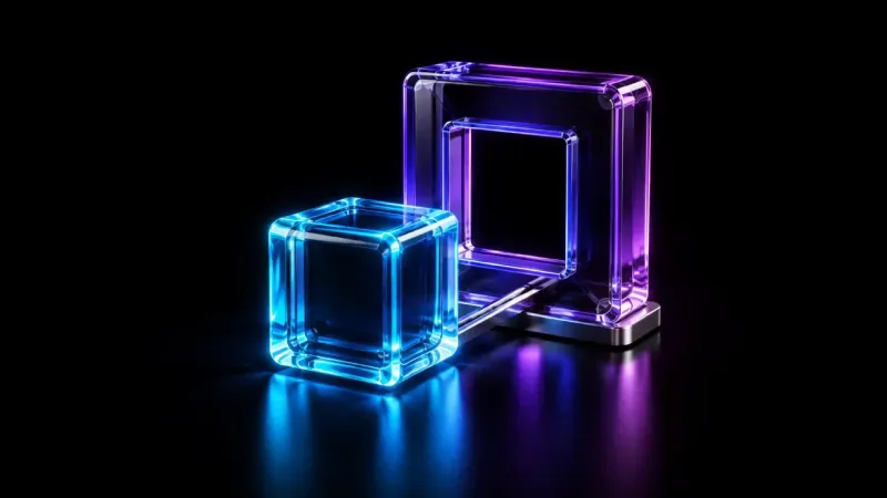 A glowing cyan glass cube sits in front of a larger violet glass frame with a square opening, both resting on a black reflective floor.