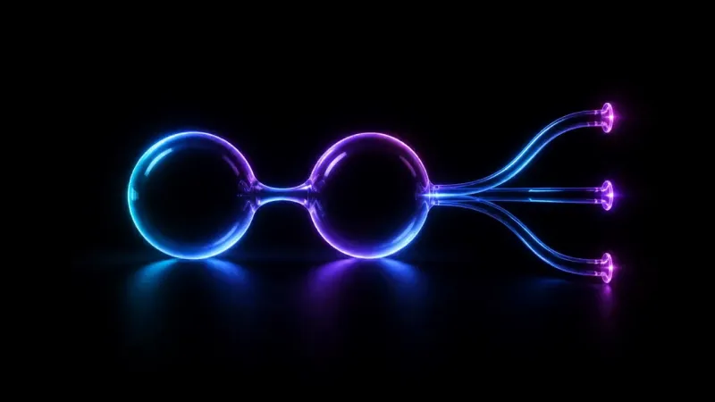 Two glowing glass rings, one blue and one purple, connect like a flask that branches into three thin light trails.