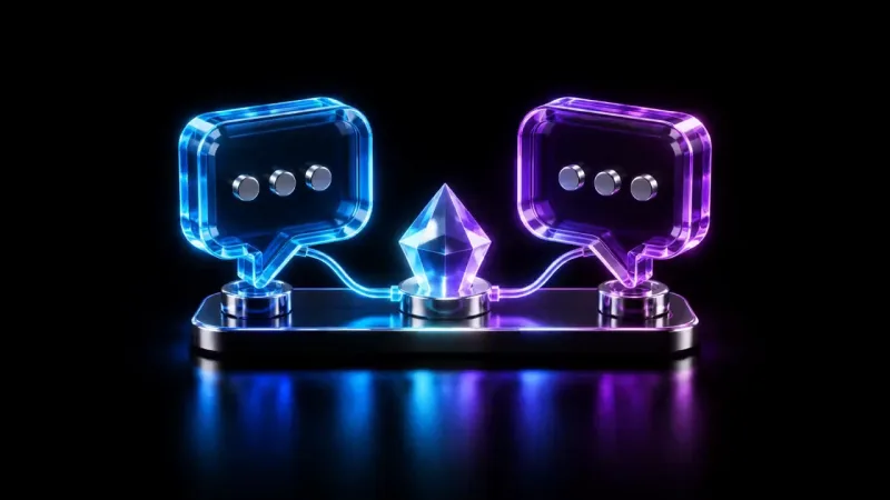Two glowing glass speech bubbles, one blue and one violet, each with three chrome dots, connect by thin light lines to a faceted crystal on a chrome base.