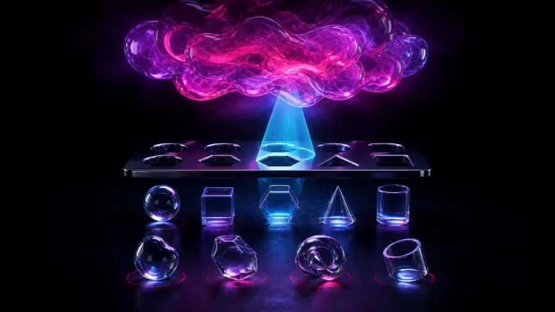 A pink cloud beams light onto a hexagon slot in a dark sorting panel, above rows of matching glass shapes.