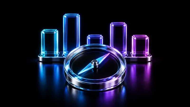 Five glass bars of uneven height shift from cyan to violet behind a large glass compass with a glowing needle, all on a black reflective floor.