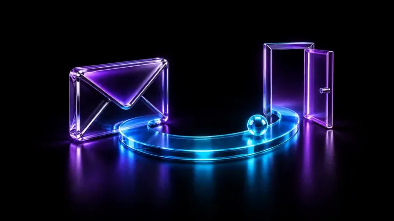 A violet glass envelope sits beside a curved glowing cyan path with a small sphere that leads toward an open violet glass doorway on black.