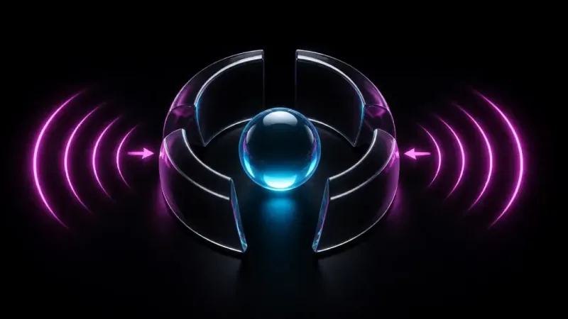 Curved glass petals encircle a glowing blue sphere, flanked by magenta arcs with arrows pointing inward from both sides.