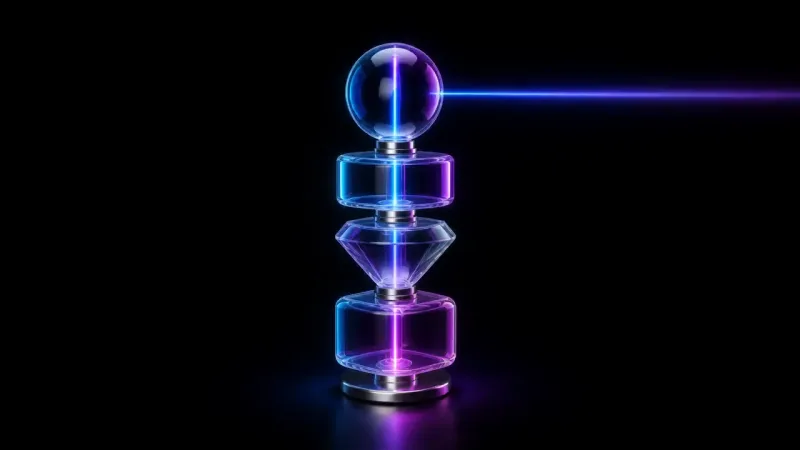 A vertical stack of glowing glass shapes, a sphere, a cube, a diamond, and a cube, emits a blue beam.