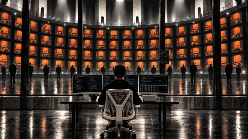 Justin Bartak seated at a desk of code-filled monitors, facing a curved wall of dozens of glowing orange robot faces in a grid.