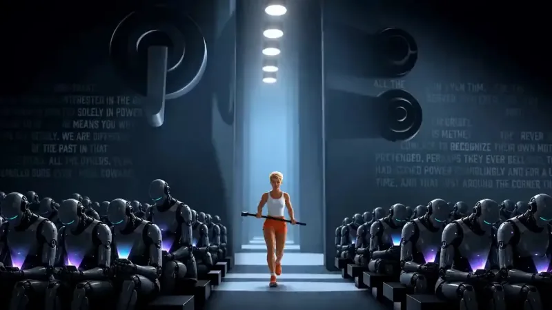 A person in a white tank top and orange shorts holds a dark bar on an aisle between rows of seated, bowed robots in a dim hall.