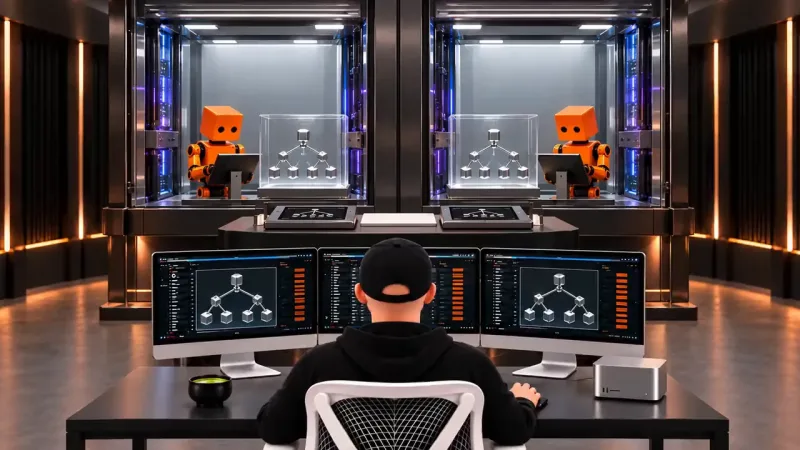 Two matching glass booths each hold an orange boxy robot at a screen beside a case with a branching cube diagram, which also fills a person's three monitors.