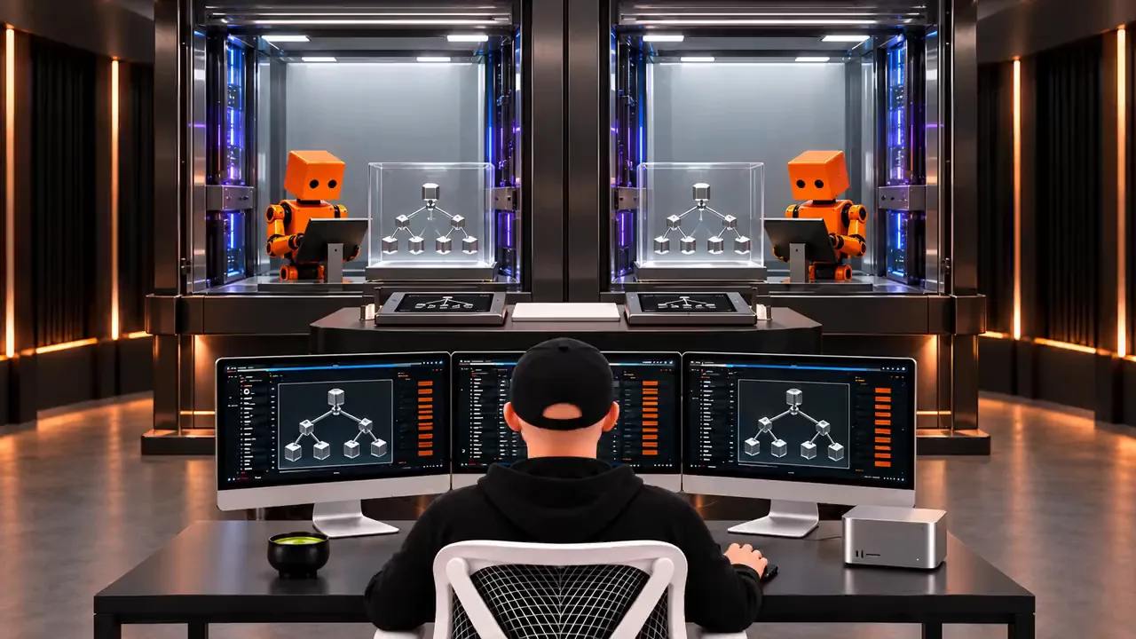 Two matching glass booths each hold an orange boxy robot at a screen beside a case with a branching cube diagram, which also fills a person's three monitors.