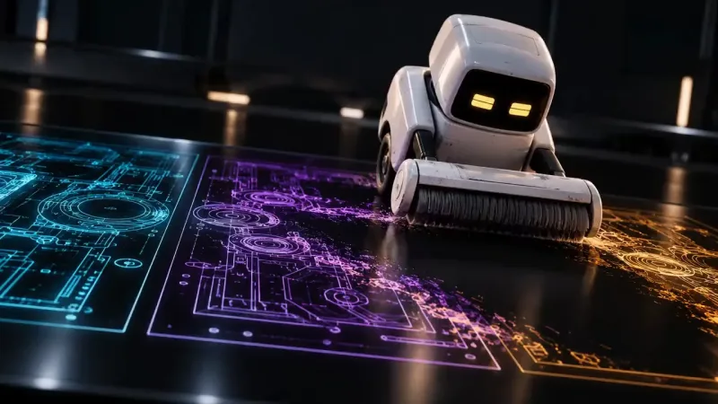 A white robot with glowing yellow eyes and a brush roller sweeps across a glossy black floor, smudging glowing cyan, purple and orange blueprints in a dark room.