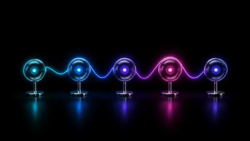 Five glass sphere fixtures stand in a row, linked by a wavy line shifting from cyan through purple to pink.
