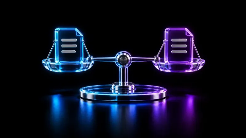 Two glowing glass document cards, one blue and one violet, rest in the pans of a balanced chrome scale on a round base against black.