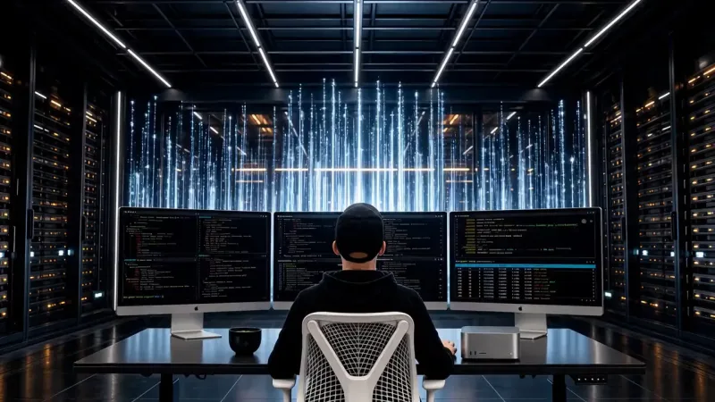 A person in a black cap, seen from behind, faces three monitors of terminal code, one reading git log, inside a dark server room.