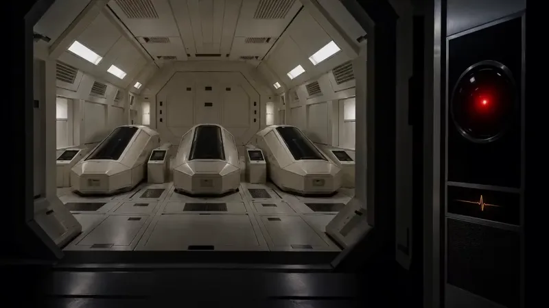 A dim spacecraft chamber holds three white sleeping pods in a row, while a glowing red camera eye with an orange pulse line watches from a dark panel.