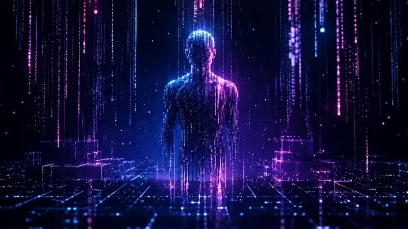 A glowing humanoid figure of blue and magenta light particles stands waist deep among vertical streams of falling dots on a dark grid floor