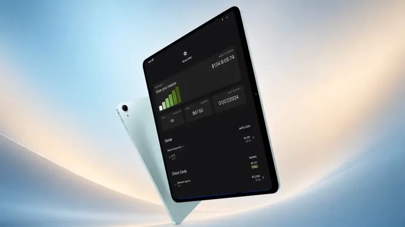 A tilted tablet on a pale blue gradient, its dark screen showing a finance layout with a green bar chart, dollar figures and a date.