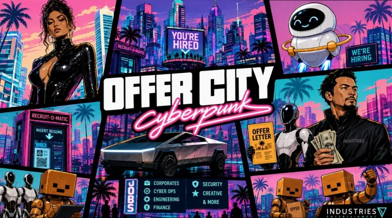 Play Offer City. An open world built out of the hiring process. Drive neon-noir Startup Alley and the cold glass of Recruiter Row, chase job leads through the traffic, and ride the Hyperloop between them.