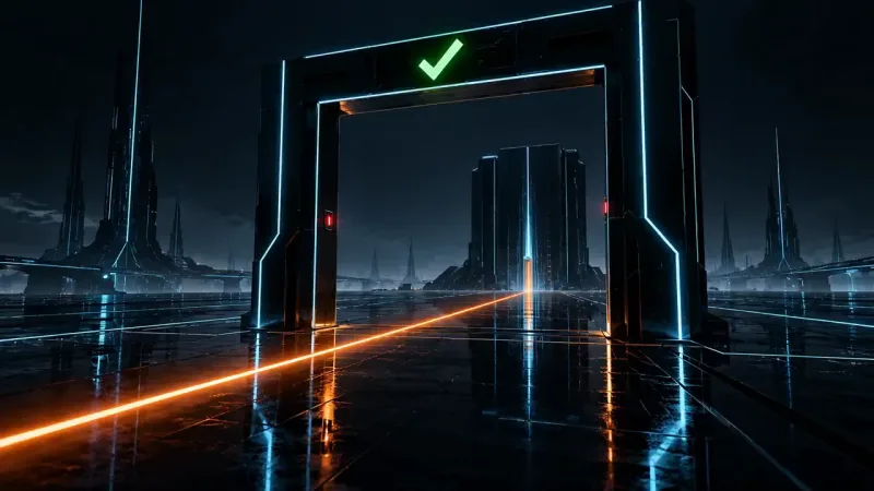 A black gateway edged in cyan light and topped with a green checkmark stands on a wet floor crossed by an orange line, before a dark futuristic city.
