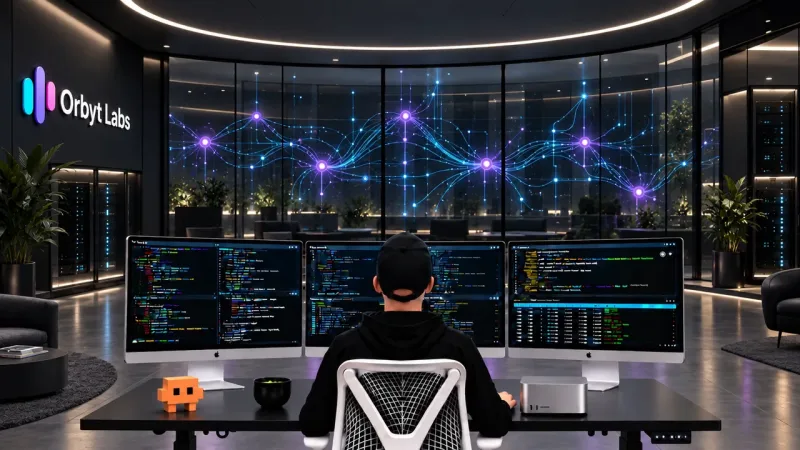 A person in a black hoodie and cap sits at a desk facing three monitors of colorful code, in a dark office lit by a glowing blue and purple neural network mural across floor to ceiling windows.