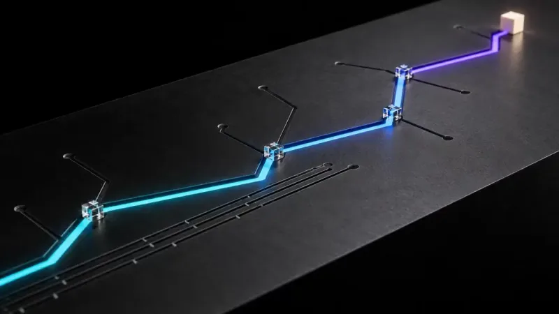 A glowing path across a dark slab bends at small clear cubes, shifting from cyan through blue to violet, and ends at a small pale cream cube.