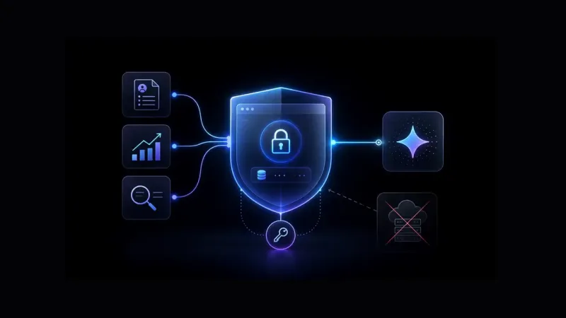 A neon blue padlock sits inside a shield, linked to resume, chart, and search icons, with a crossed-out server icon.