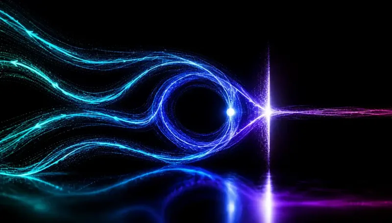 Curved cyan and blue particle trails flow rightward across black, looping through a bright vortex into a vertical white burst, then thinning into magenta strands over a dark reflective floor.