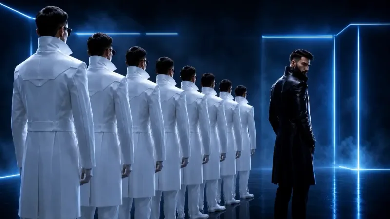 Under blue neon lines in a dark room, identical men in white coats stand backs turned, apart from one bearded man in black.