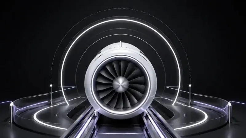 A jet engine seen head on, its silver fan blades and white housing lit by concentric white and violet neon arcs curving over a dark mirrored platform.