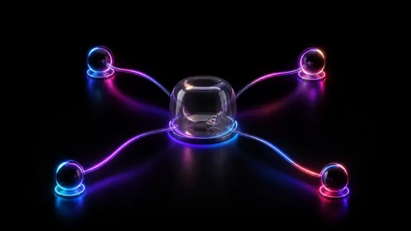 A glass dome holding a tiny desk and office chair connects via glowing tubes to four spheres arranged around it.