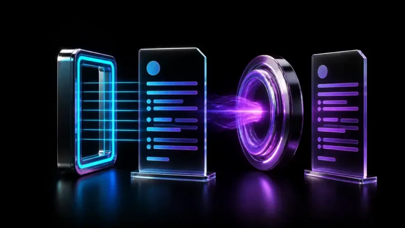 Glass panels with blue and purple document icons flank a glowing purple ring lens, connected by horizontal light beams.