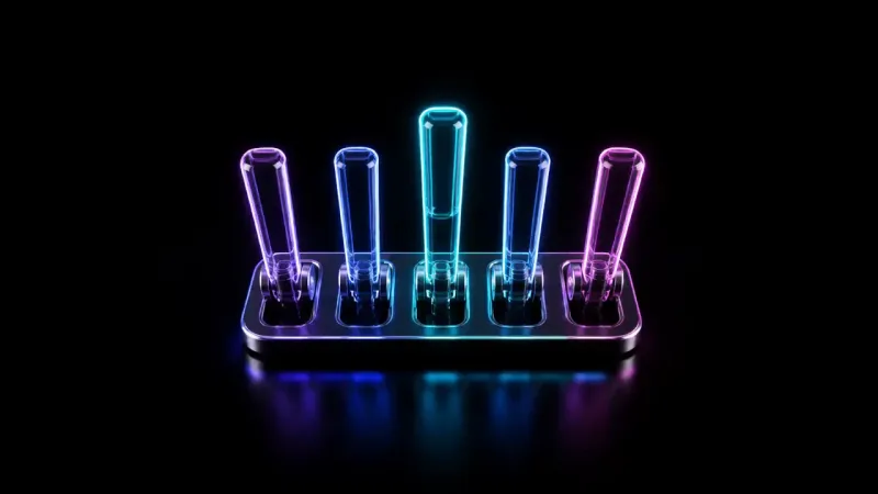 Five glowing glass rods in purple, blue, cyan, and magenta stand upright at angles on a rectangular base.