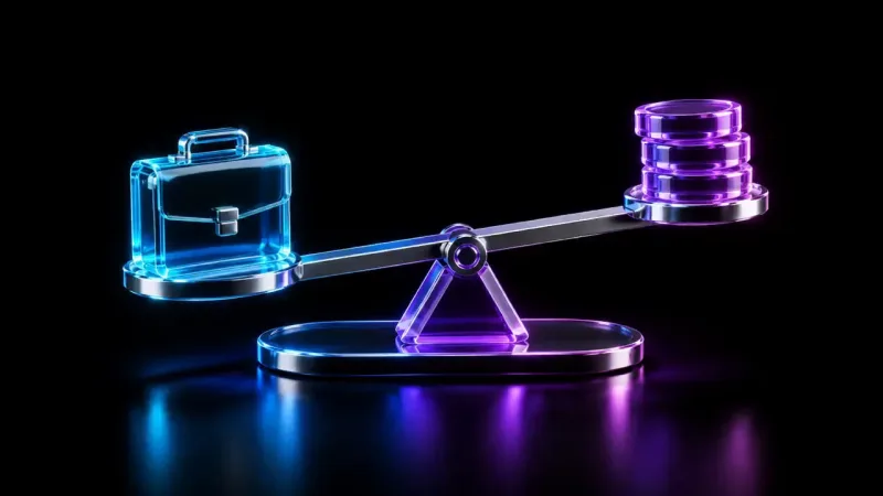 A blue glass briefcase on one end of a tilted chrome seesaw balances against a stack of violet glass discs on the other, over a black reflective floor.