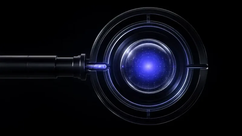 A glowing blue sphere latticed with faint white dots sits inside concentric dark glass rings, a black cylindrical arm connecting from the left.