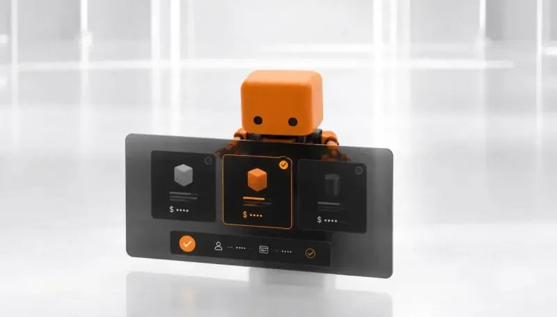 A small orange robot with a boxy head and two dot eyes stands behind a dark floating interface, its middle card outlined in orange and bearing a check mark, prices shown only as "$" followed by dots.
