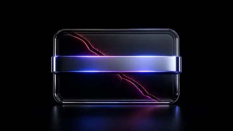 A glass tray split by a glowing chrome bar, with jagged pink cracks through the dark glass above and below.
